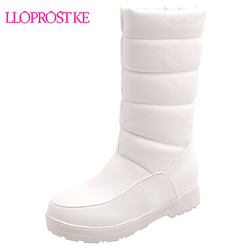 

Lloprost ke 2020 Fashion Woman Shoes Pleated Warm Plush Thick Mid Calf Snow Boots Med Heel Plus Size 50 Pink White Sweet Boots, Black