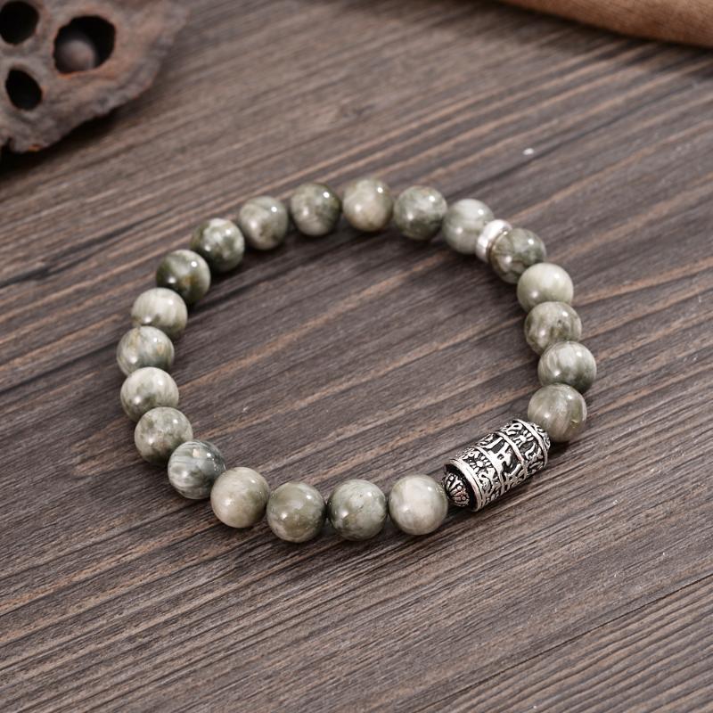 

Grey Eagle eye Stone Tibetan Buddhist Mantra Charm Bracelets Stretchy Om Mani Padme Hum Yoga Jewelry