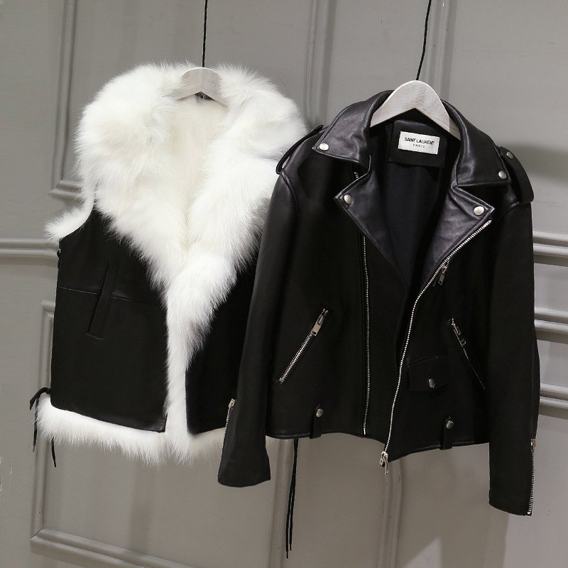 

2pcs Leather Jackets for Girls Winter Faux Fur Vests Big Fur Collar Leather Pu Jackets for Boys Children Outerwear Coats, Black