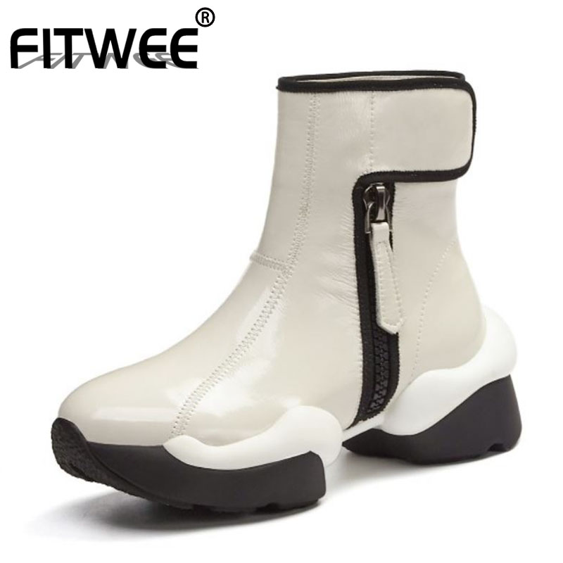 

FITWEE New Women Ankle Boots Real Leather Thick Bottom Mixed Color Women Winter Autumn Short Boots Footwear Size 34-42, Beige