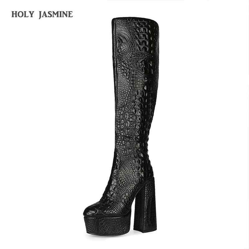 

NEW Women Boots 2020 Autumn Winter 14.5CM Thick Heel Platform Crocodile Print Over-the-Knee Boots Super High(8cm-up) Square Heel, Short plush inside