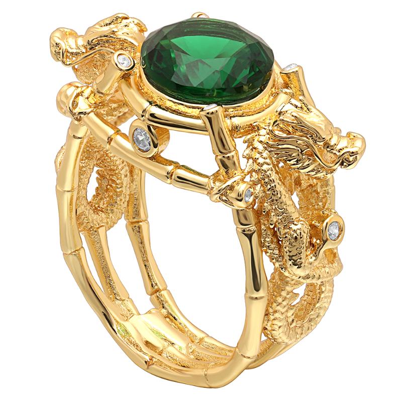 

Hainon Men Gold Color Ring Dragon With Green Stone Round Zircon Ring Vintage Punk Party Finger Jewelry For Men Women