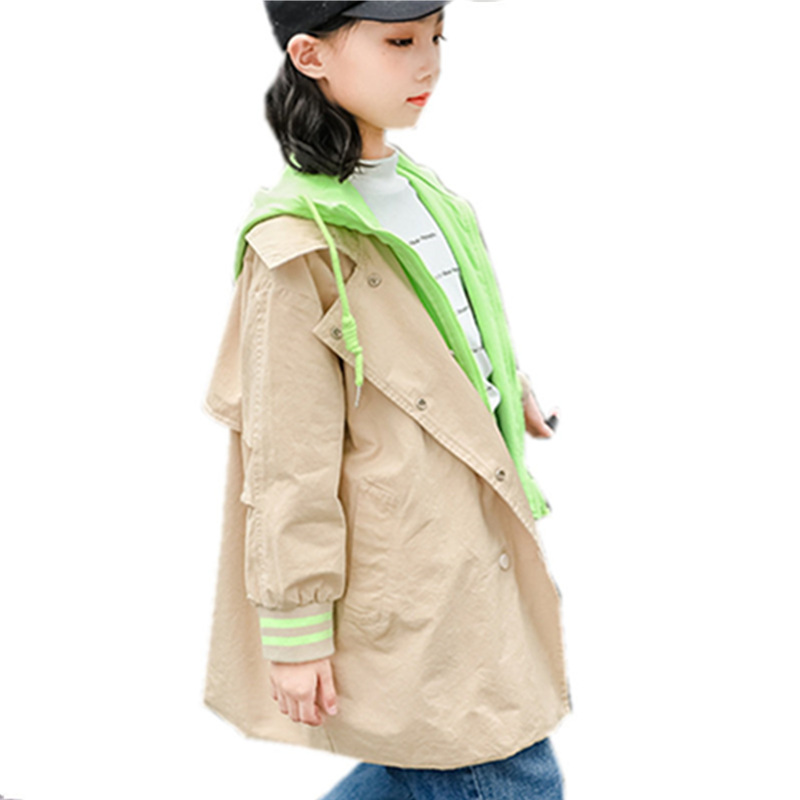 

Trench Coat for Girls Windbreaker Fake Two Piece Clothes Overcoat Autumn Fashion Girl Outerwear Hoodies Outfit Kids Clothes 5-14, Khaki