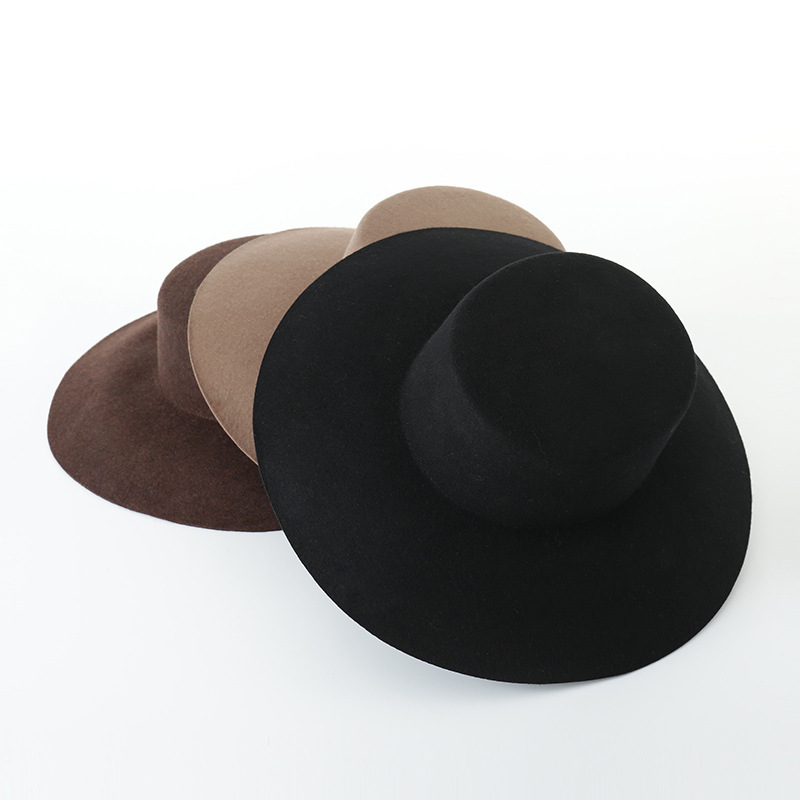

202009-hh8084 solid wool Classic soft fedoras cap MEN women flat leisure hat, Black