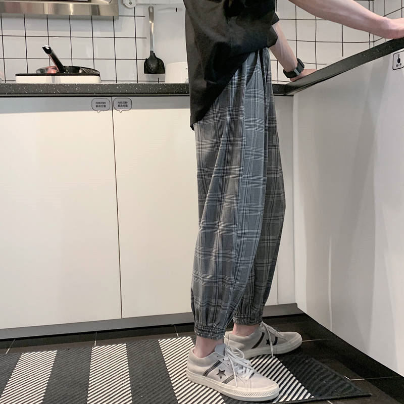 

New Korean Black Plaid Casual Pants 2020 Mens Streetwear Harem Straight Baggy Pants Male Checkered Trousers Plus Size