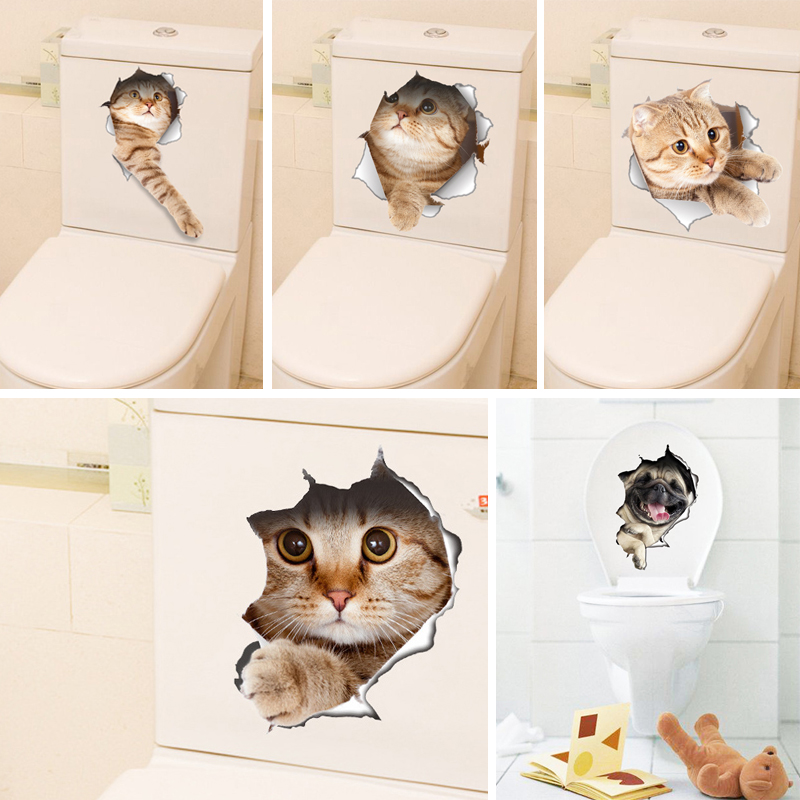 

3D Cartoon Wall Sticker Toilet Stickers Hole View Vivid Pet Bathroom Decoration Animal Wall Decals Waterproof Art Poster Mural