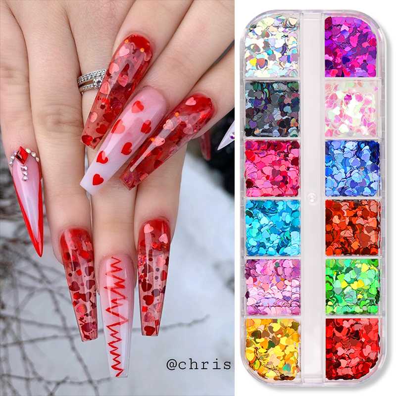 

12 Grids Holographics Nail Glitter Sequins 3D Love Sequins Decoration Design Sticker Nail Art DIY Accessories
