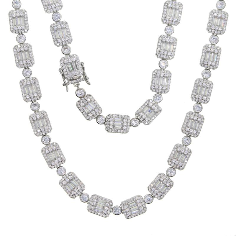 

New 8MM Silver Color Baguette And Cluster Link CZ Iced Bling Chain Choker Women Jewelry Baguette Cluster Tennis Chain Necklace