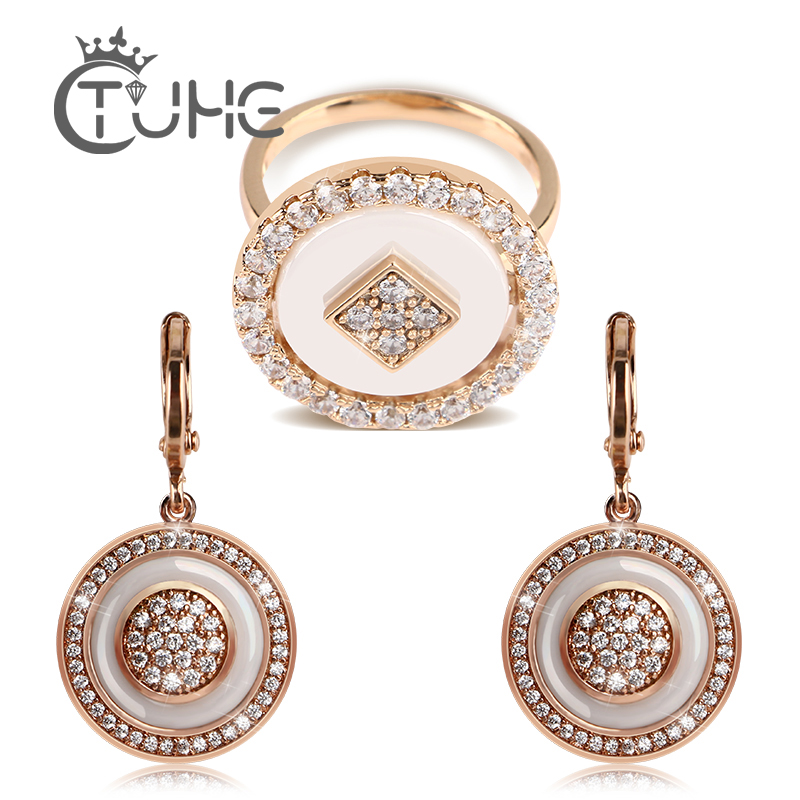 

Big Oversize Round Rings Earrings Jewelry Sets For Female 585 Rose Gold Black White Ceramic Rings Earrings Jewelry Wedding Gift, As pic