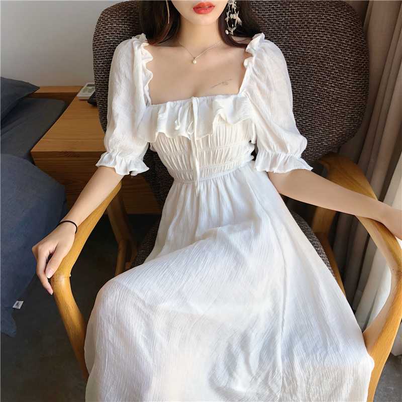 

Ruffles Long Dress Women White Puff Sleeve Square Collar Beach Party Dress Elastic Waist Summer Elegant Backless 2020 W783, Green