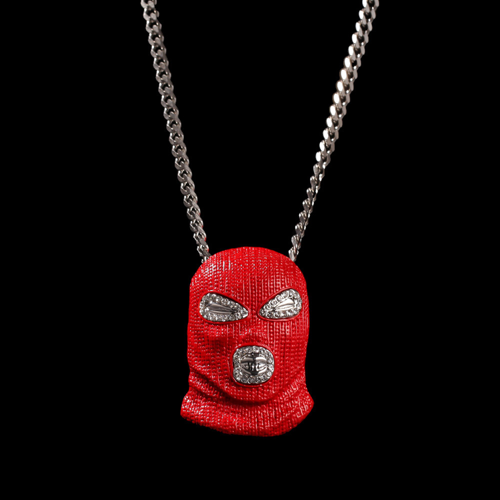 

Stainless Steel Red Counter-Terrorism Mask Pendant Necklace Hip Hop Jewelry Cubic Zirconia Cuban Link Necklaces Men Women Punk Accessories