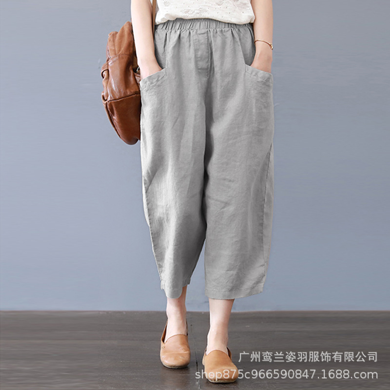 

Vintage Linen Pants Women' Summer Trousers Casual Elastic Waist Asymmetrical Pantalon Female Cropped Pants Oversized, Wine red color