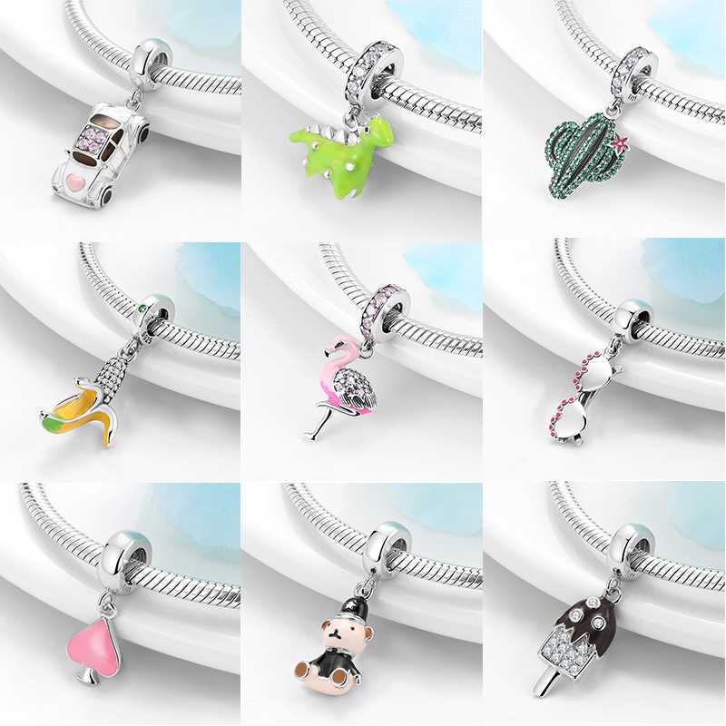 

Hot sale 925 Sterling Silver Cactus banana dinosaur car beads Fine Jewelry Making charm fit Original Kataoka Bracelets bangles