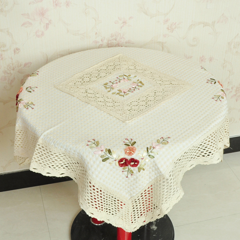 

New Linen Table Cloth Lace Flowers Embroiderded Table Cover Square Round Rustic Tablecloth For Wedding Decorative Home big Size, Light yellow