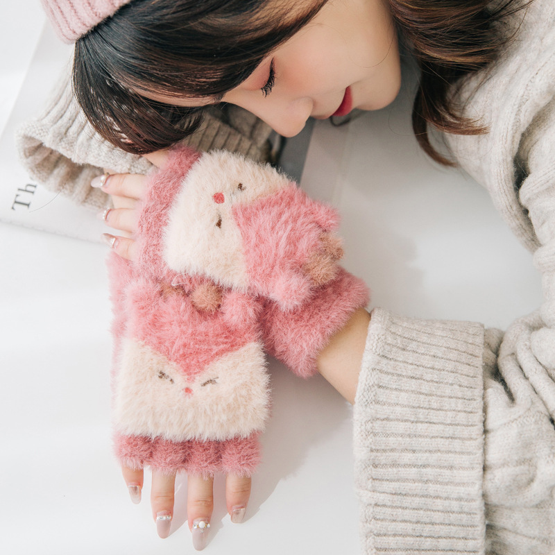 

Gloves Women Winter Student Adult Christmas Deer Convertible Flip Top Fingerless Gloves Five-pointed Warm Mittens Knitted Glove