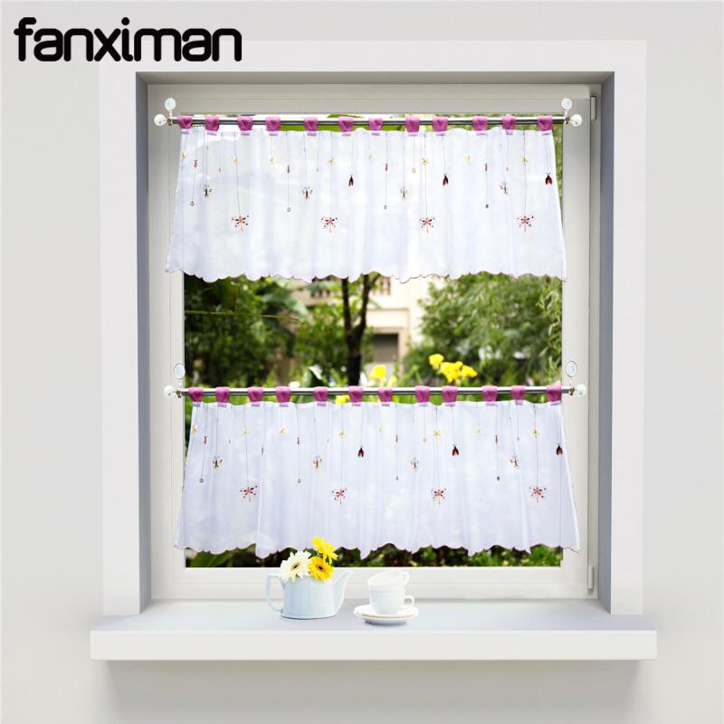 

1 PC Short Kitchen Curtains Sheers Pastoral Window Blinds Tab Top Butterfly Floral Embroidered Cafe Curtains for the Kitchen, Purple