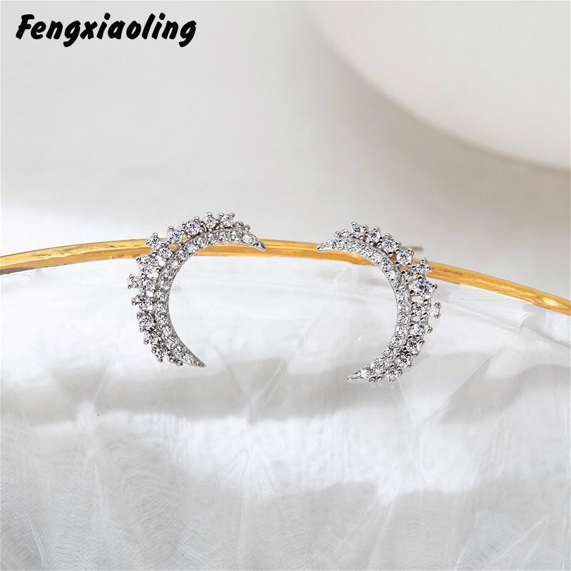 

Fengxiaoling 925 Sterling Silver Earrings For Women Dazzling Micro Cubic Zirconia Moon Stud Earrings Korean