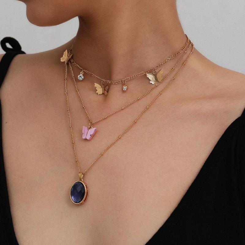 

Multilayer Butterfly Pendant Female Jewelry for Women Bohemia Metal Copper Clavicle Chain Blue gem Pink Butterfly Pendant