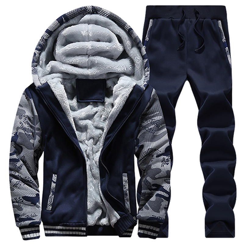 

Winter Fleece Men Tracksuits Casual Set Plus Velvet Warm Sweater Suit Patchwork Camouflage Sportswear Men Clothing Plus Size 5XL, Dark blue