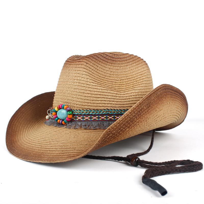 

Wide Brim Hats Western Cowboy Hat Women Summer Straw Bohemian Tassel Sombrero Hombre Beach Cowgirl Jazz Sun Size 57-59CM, Khaki