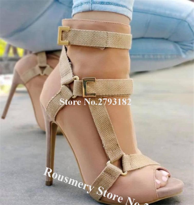 

Autumn Fashoin Peep Toe Suede Leather Stiletto Heel Short Gladiator Boots Army Green Black Ankle Booties Dress Heels, As picture