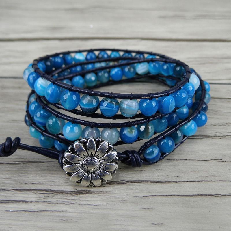 

leather blue faceted beads bracelet Blue beads bracelet Yoga beaded boho jewelry natural stone