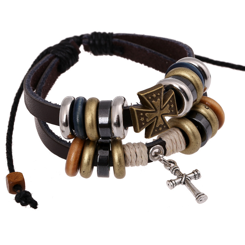 

Vintage Cross Pendant Multilayer Leather BeadS Bracelet Bangles for man woman Hand Jewelry Drop shipping