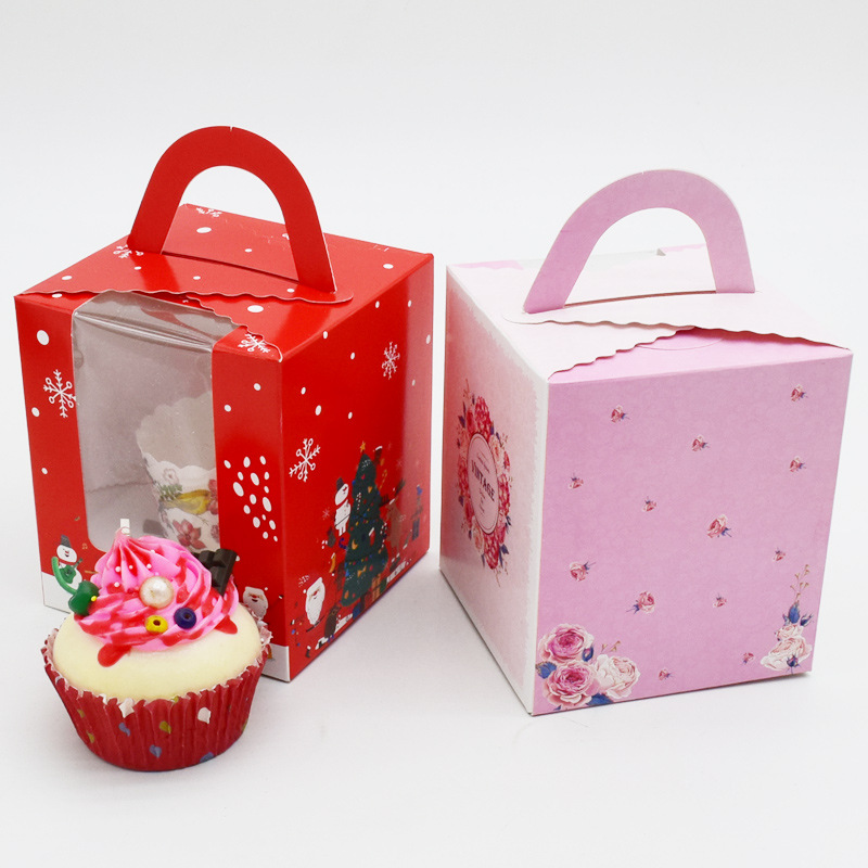 

20pcs Cake Paper Box With Window&Holder Christmas Wedding Candy Gift Box For Packaging Cartoon Pink Rose Wreath Cupcake Boxes