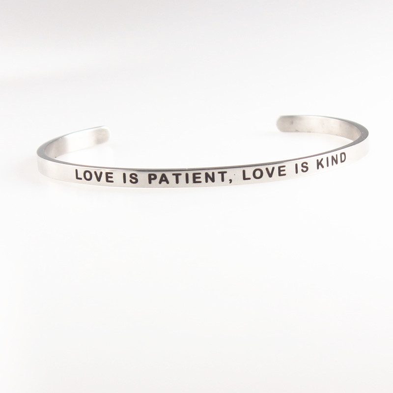 

Stainless Steel Bangle Engraved LOVE IS PATIENT,LOVE IS KIND Inspirational Quote Cuff Mantra Bracelet