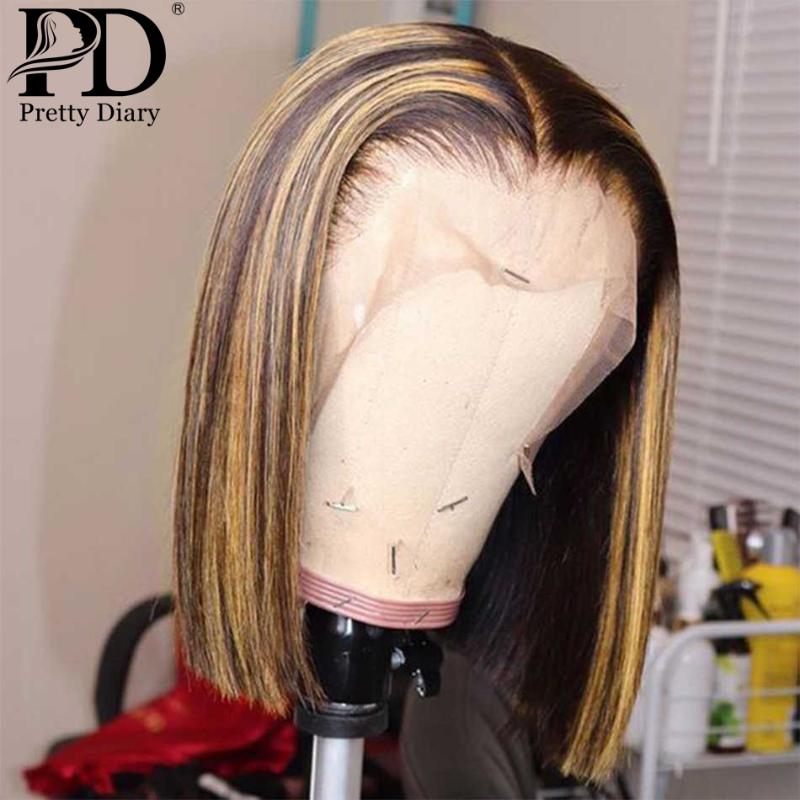 

13x4 Straight Lace Frontal Wig Highlight Ombre Brown Honey Blonde Short Bob Lace Front Wig 4x4 Closure Human Hair Wigs, As pic