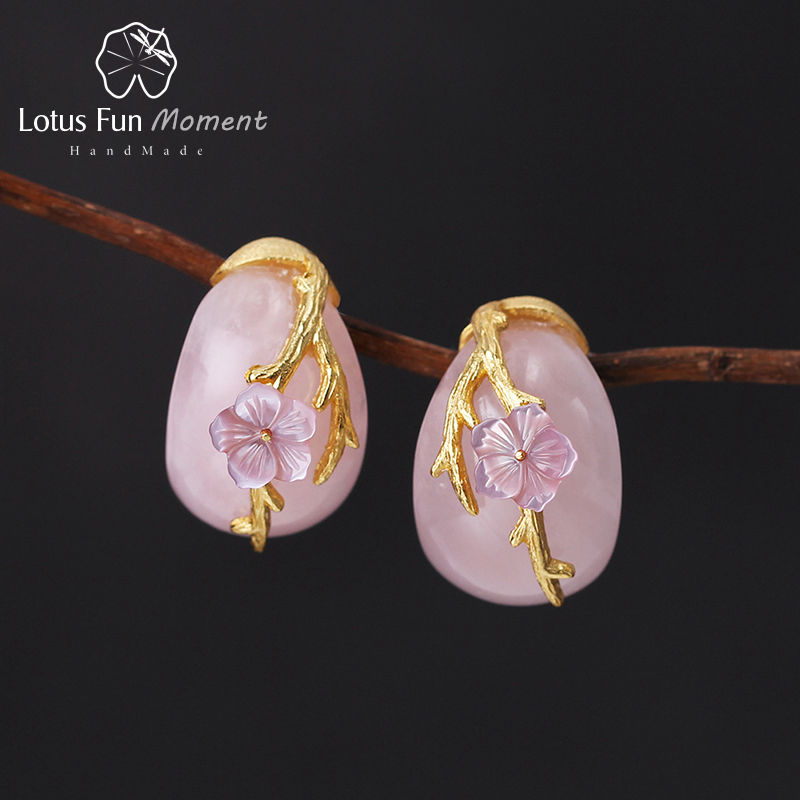 

Lotus Fun Moment Real 925 Sterling Silver Natural Rosy Crystal Handmade Fashion Jewelry Plum Flower Stud Earrings for Women