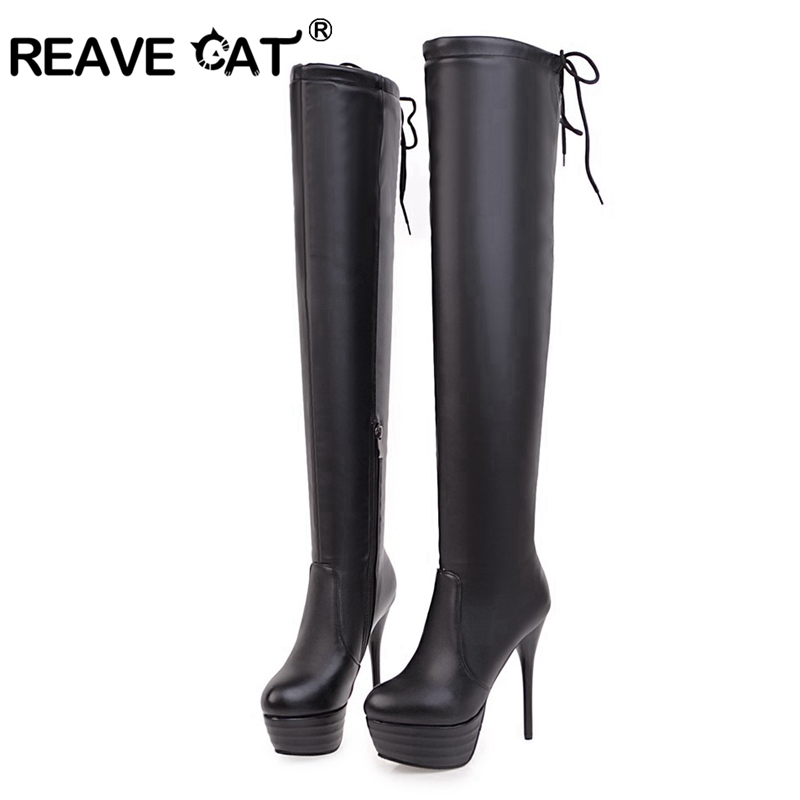 

REAVE CAT Size 34-43 Women boot Over knee boots Zapatos femininos Pu Lace-up Shoes Women Zipper High heel Boots Platform A1032, White