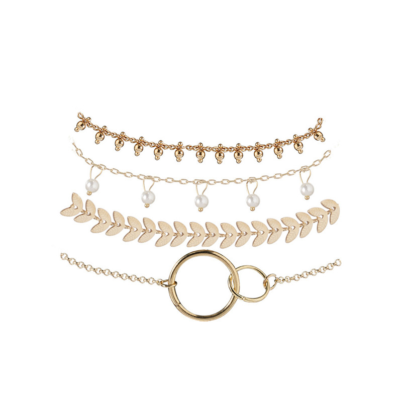 

New Gold Color Minimalism Beads Tessal Chain Bracelet Set Female 4pcs/set Geometric Circle Pearl Inlay Bracelets Set For Women
