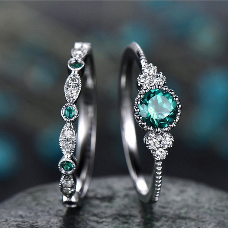 

Entry Lux Ring Set For Women Romantic Green Blue Cubic Zirconia Silver Color Engagement 2 PCS Gift Fashion Jewelry KAR220
