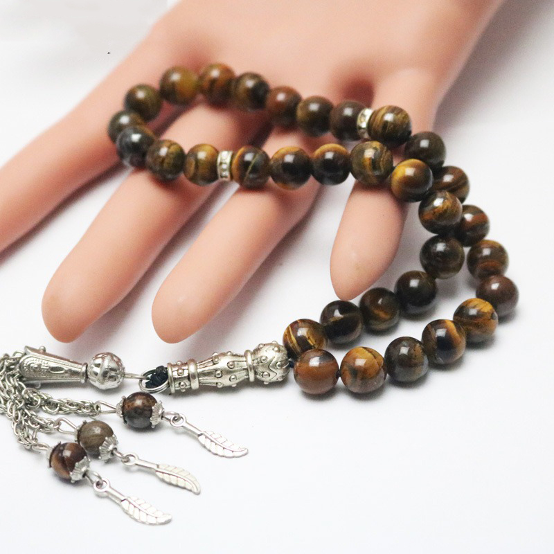 

Muslim Islamic Prayer Beads Rosary Tiger Eye Natural Stone Tasbih Tassel Pendant 33 Beads Mohammed Rosary for Women Men