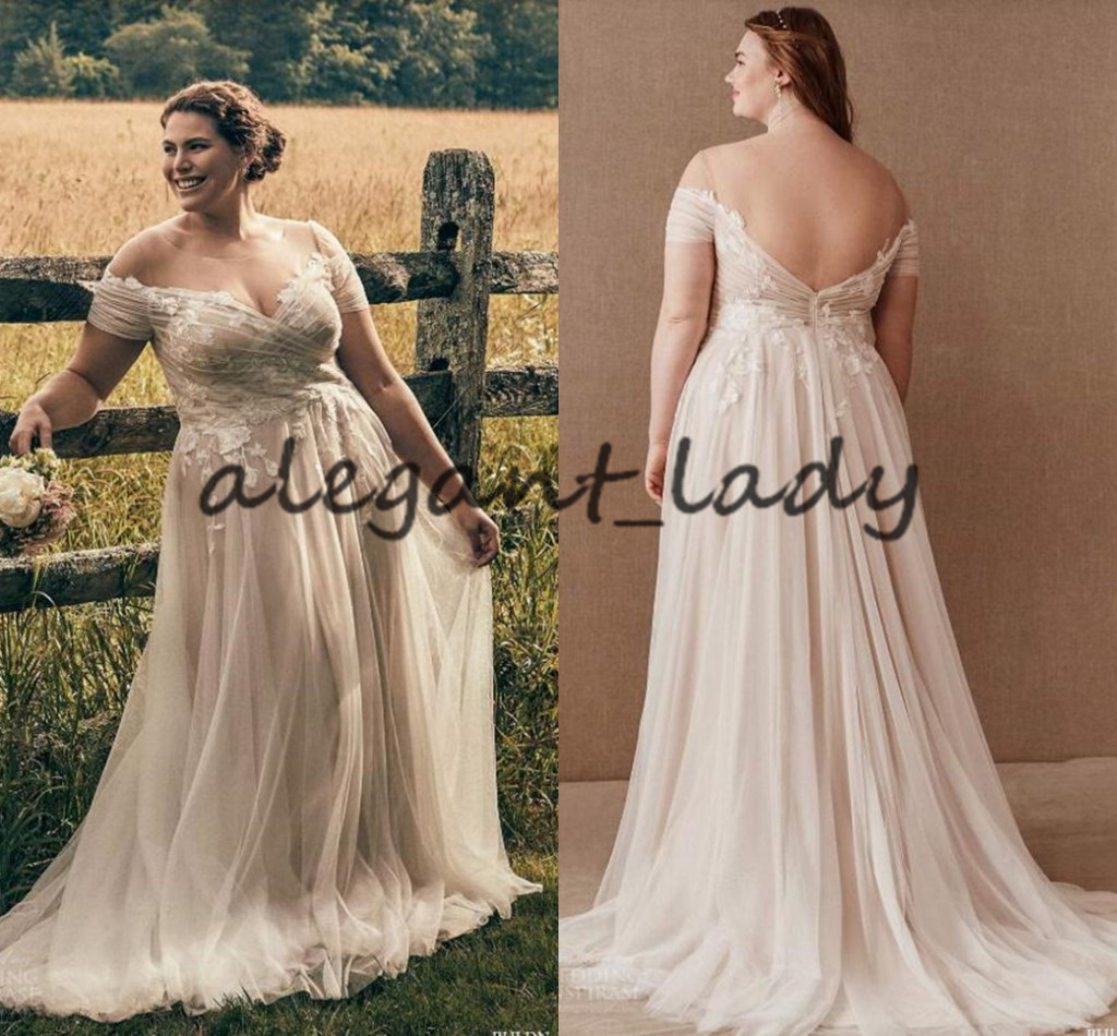 

Plus Size Bohemian Wedding Dresses 2021 BHLDN Sheer O-neck Lace Floral Short Sleeve Backless Countryside Bride Reception Gowns Cheap, Silver
