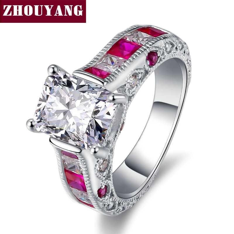 

ZHOUYANG Ring For Women Square Cut + Clear & Red Crystal Cubic Zirconia Silver Color Birthday Gift Fashion Jewelry YG031