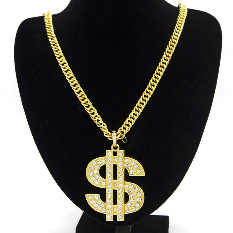 

Trendy Personality Hip-hop Dollars USD Pendant Necklace for Men Fashion Punk Gold Chain Crystal Necklaces Male Jewelry 30Inch