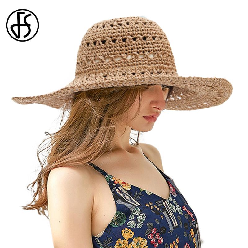 

FS Summer Beach Hollow Out Ladies Sun Protection Cap 2020 Foldable Hat For Women Breathable Wide Brim Panama Style Straw Hats, Khaki straw hat