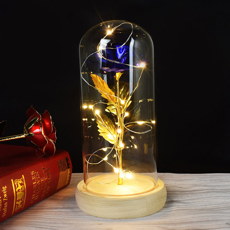 

Rose With LED Light rose in glass Dome Beauty Forever Gold plated Flowers For Valentine's Day Gift, Blue rose