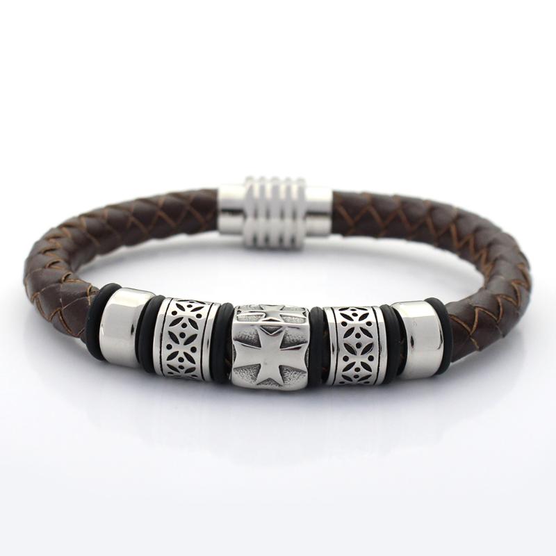 

Men Bangles 8MM Genuine Braided Leather Bracelet Never Fade 316 Stainless steel Cross Charms Bead Bracelets with Magnet Clasp