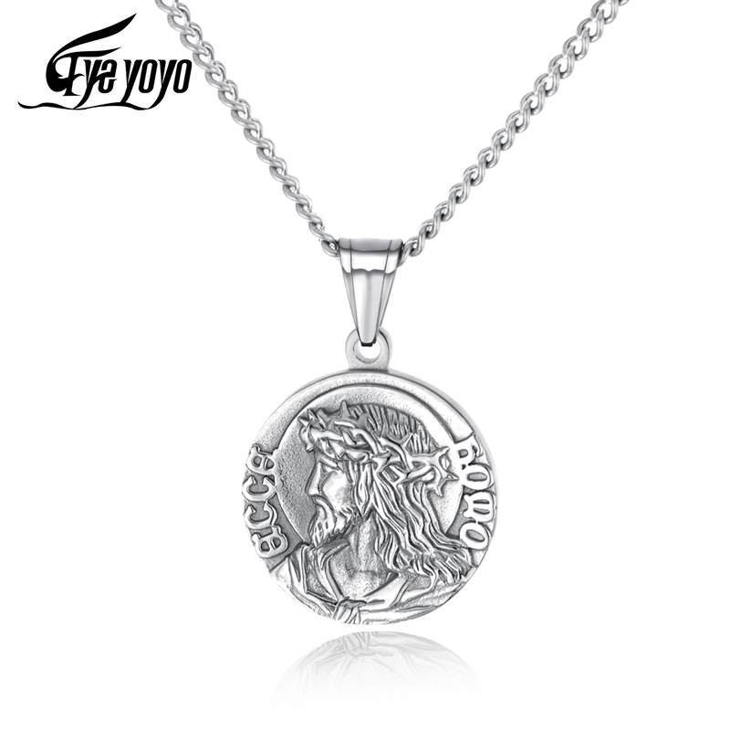 

EyeYoYo Jesus Round Plate Titanium Steel Men's Pendant Necklace Religious Ornament