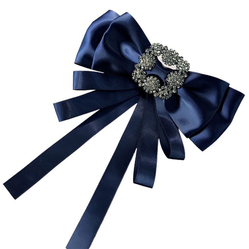 

Women Vintage Satin Ribbon Bow Tie Brooch Rhinestone Layered Collar Corsage Pin Y5GC