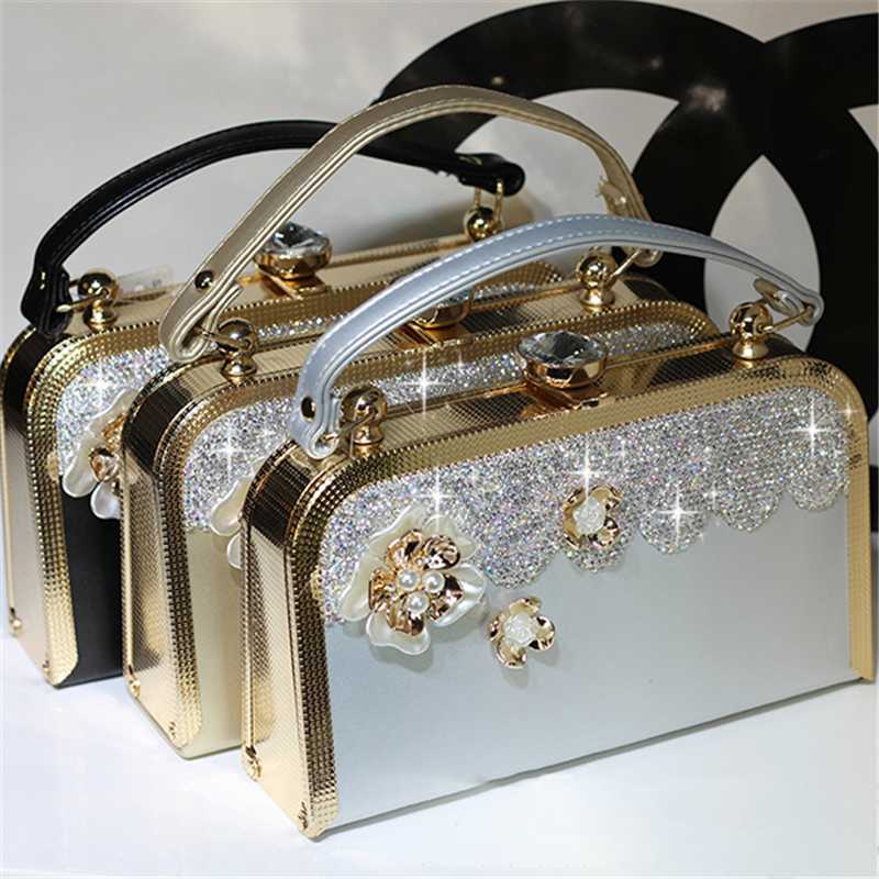 

Crystal Handbag Luxury Totes Women Bride Wedding Shoulder Bag Floral Genuine Leather Rhinestone Purse Chain Evening Party Bag, Black