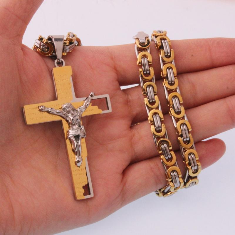 

Men's Stainless Steel Jesus Christ Holy Crucifix Cross Pendants Necklaces 6mm Gold Byzantine Chain Necklaces Boys Gifts Jewelry