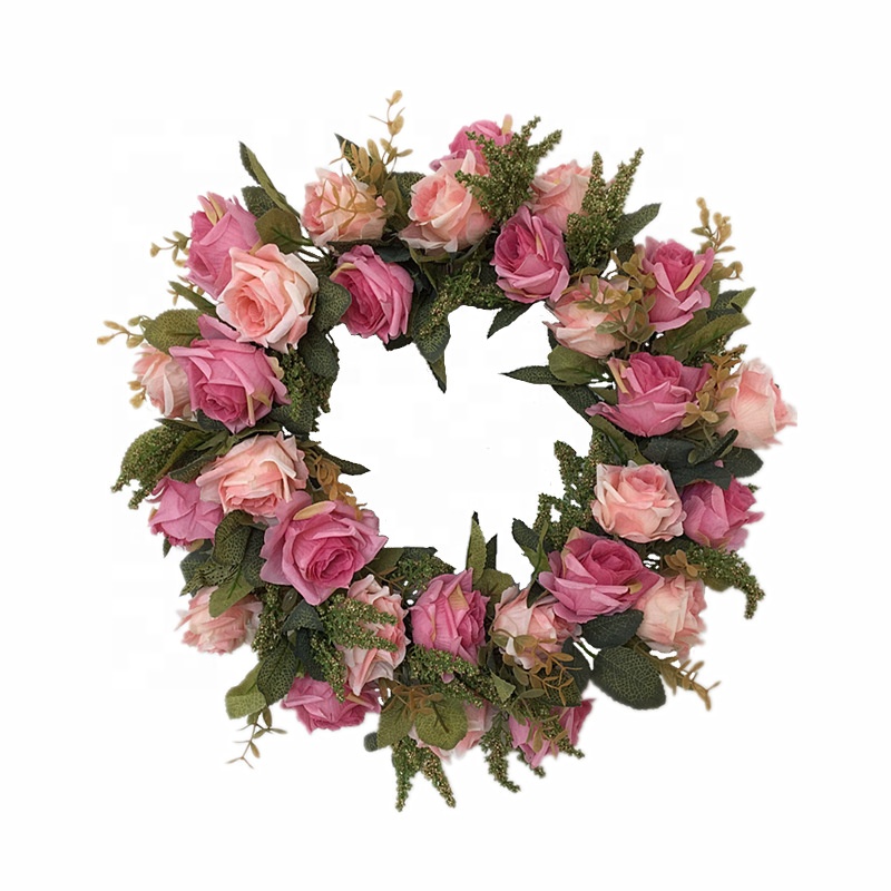 

High Quality Indoor 17 Inch Two Color Artificial Silk Rose Flower Twig Base Wreath for Wedding Flower Wreath Door Decoration