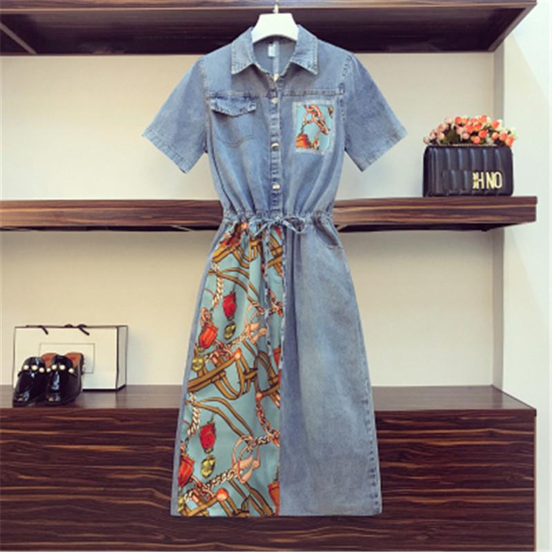 

Real shot plus size dress women's new summer new plus size women's fat sister denim stitching was thin temperament dress, Blue