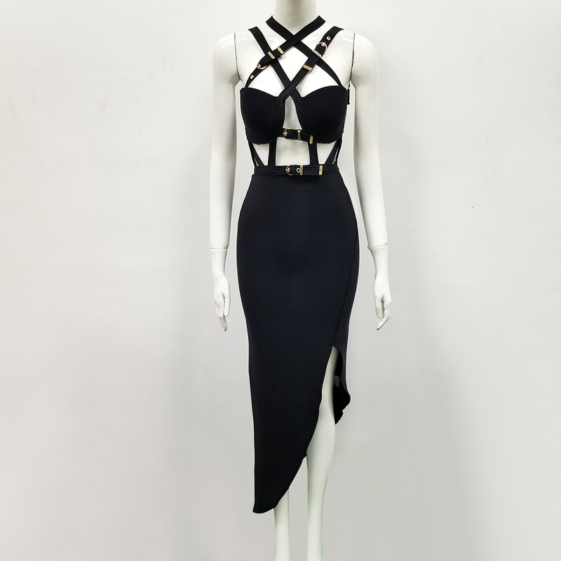 

High Quality Black Open Fork Keyhole Rayon Bandage Dress Evening Party Elegant Dress