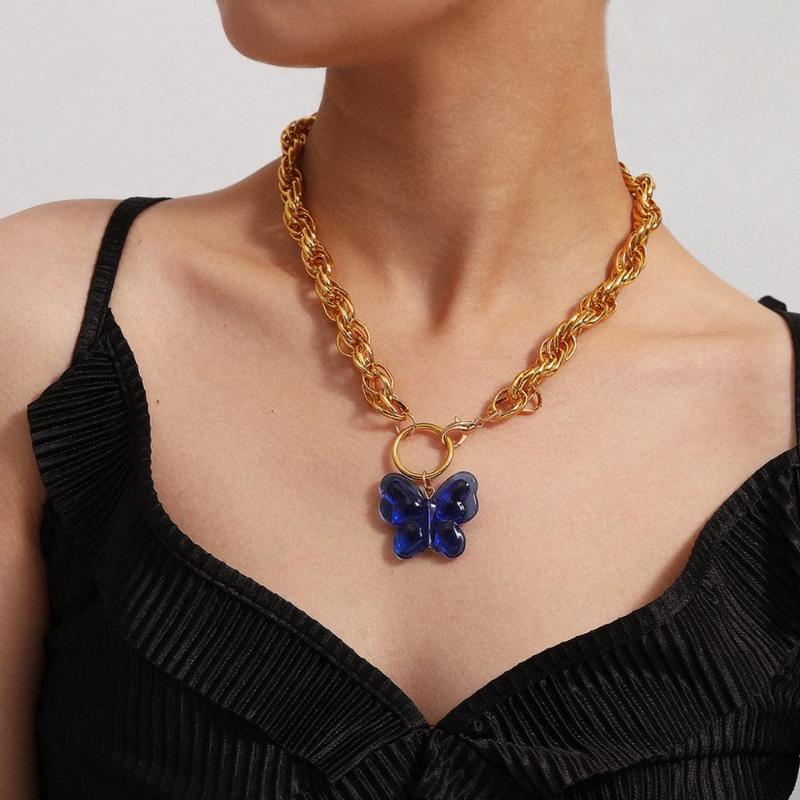 

KMVEXO Blue Acrylic Butterfly Pendant Necklace for Women 2020 Gold Color Cuban Twist Chain Statement Punk Rock Necklaces Collier