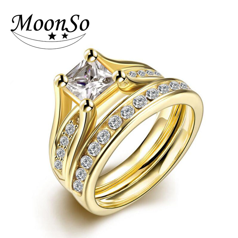 

Moonso High Quality Stainless Steel Gold 6mm Rings for Women Wedding Engagement Ring Sets R3305